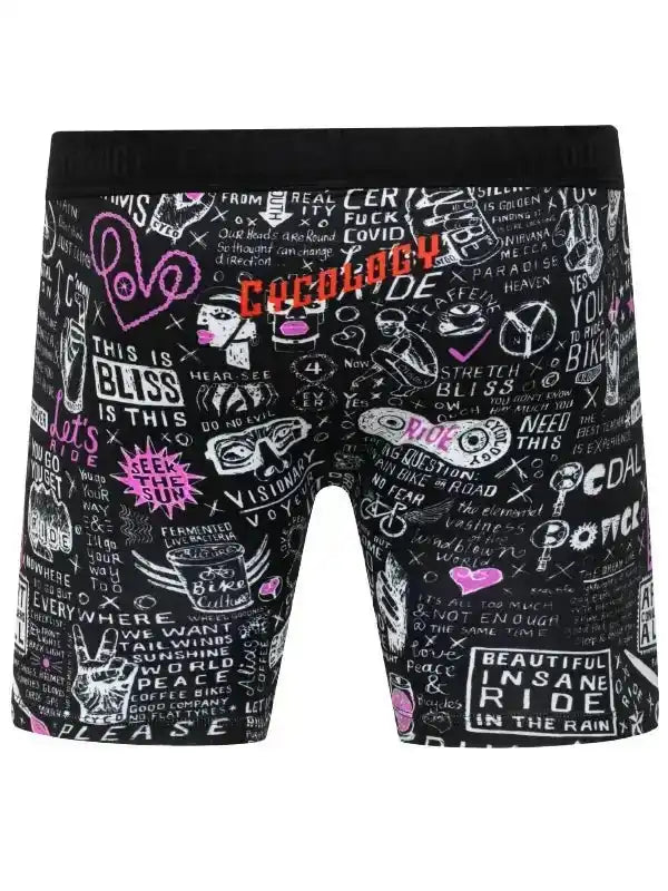 Black cycling shorts with colorful graffiti-style print, featuring cycling phrases and designs for men and women.