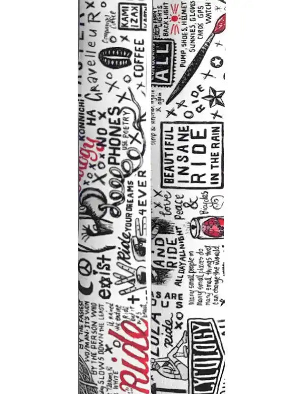 Cycling-themed graphic print with bold text and doodles for men's and women's apparel