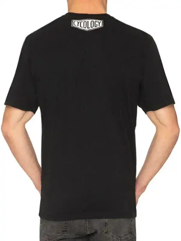 Men's black cycling t-shirt with white Cycology logo on back, casual fit for active wear