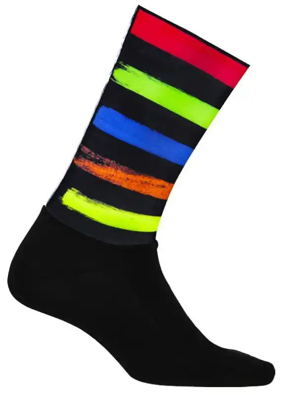 Black cycling sock with vibrant rainbow stripe design for men and women