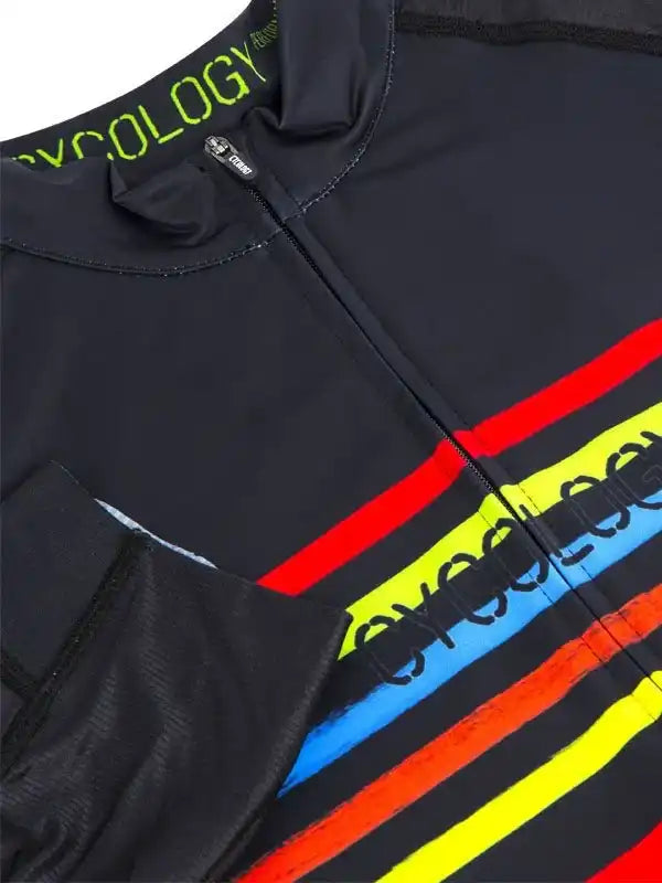 Black cycling jersey with neon green logo and colorful diagonal stripes, featuring full zip and rear pocket