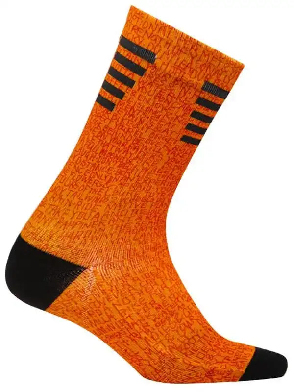 Orange cycling socks with black stripes and text pattern, ideal for men's and women's bike rides