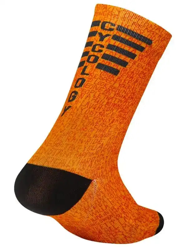Orange cycling sock with black toe and 'CYCOLOGY' text, ideal for men's and women's bike rides