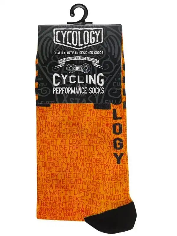Orange cycling performance socks with text print, black toe, and 'CYCOLOGY' branding on packaging