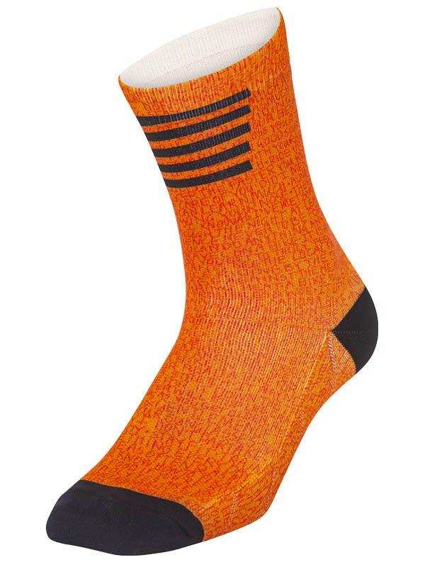 Orange cycling sock with black stripes and toe heel accents, breathable fabric for men's and women's rides