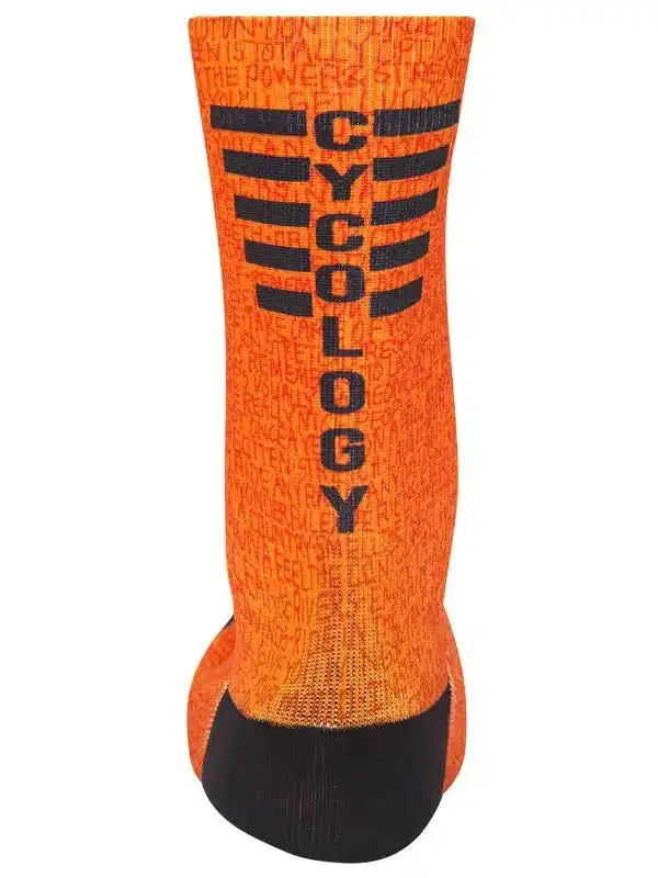 Bright orange cycling sock with bold 'CYCOLOGY' text and black accents, designed for performance and comfort.