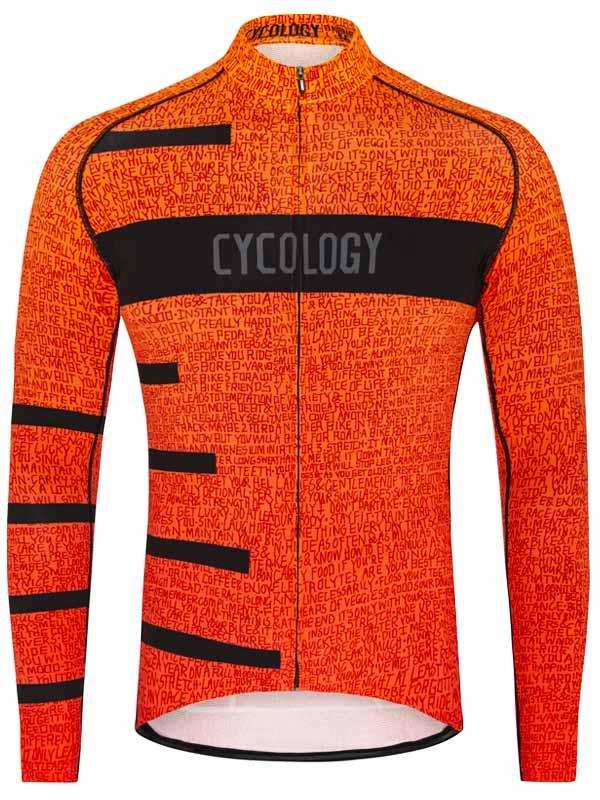 Orange long-sleeve cycling jersey with black text print and panel details, ideal for men's or women's road biking.