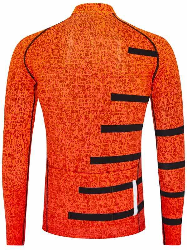 Orange long-sleeve cycling jersey with text print and black stripes, designed for men's or women's bike rides.