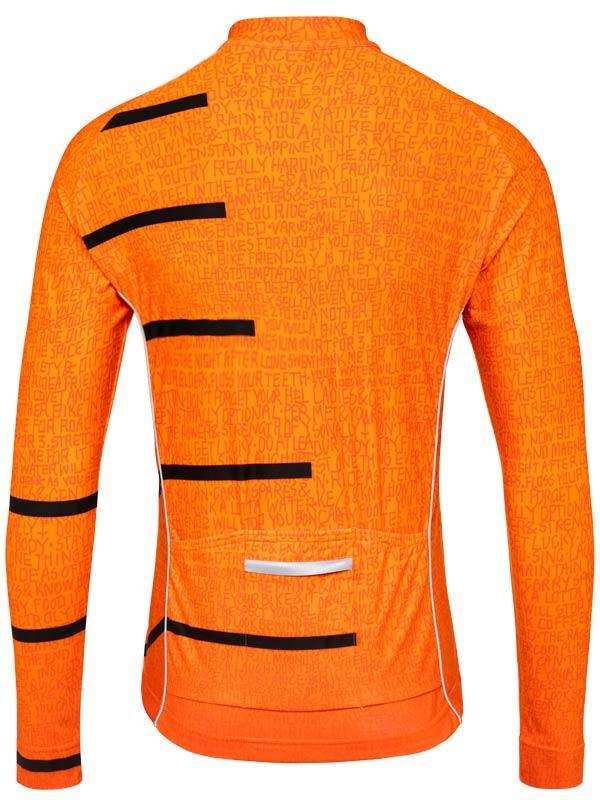 Bright orange long-sleeve cycling jersey with black stripes and text print, rear view