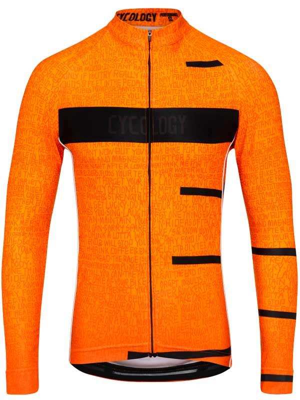 Bright orange long-sleeve cycling jersey with black accents and text pattern, designed for men's road biking