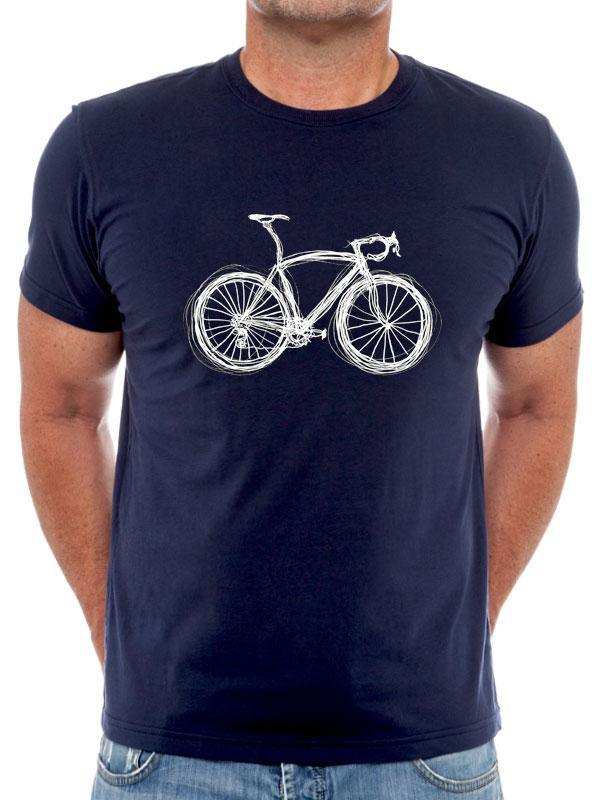 Men's navy cycling t-shirt with white bike graphic, ideal for cyclists and bike lovers