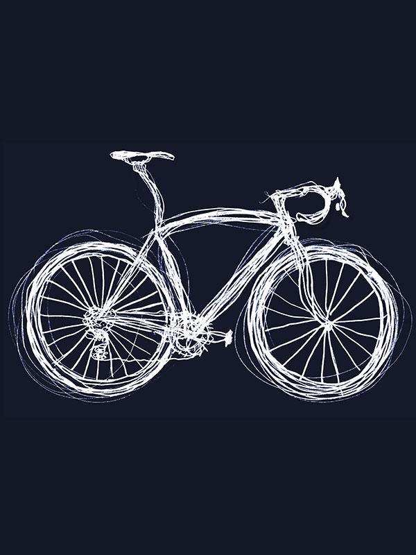 White sketch-style road bike on dark background, ideal for cycling apparel design