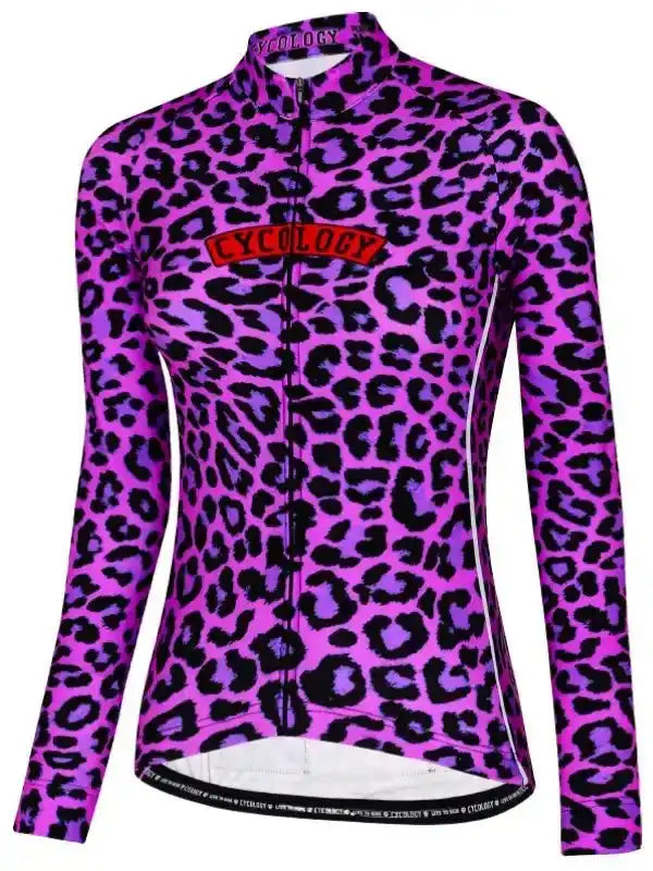 Women's purple leopard print cycling jersey with full zip and logo chest detail