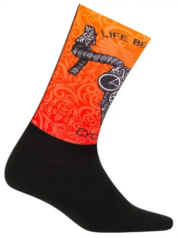 Orange cycling sock with bike graphic, 'Life Be' text, and black toe/heel for men's or women's bike rides