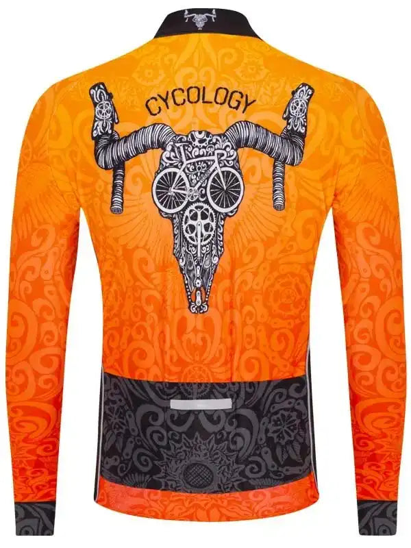 Men's orange cycling jersey with skull and bike graphic, long sleeves, reflective back panel