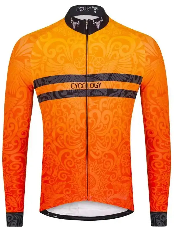 Orange long sleeve cycling jersey with swirl pattern and black accents, ideal for men's and women's rides
