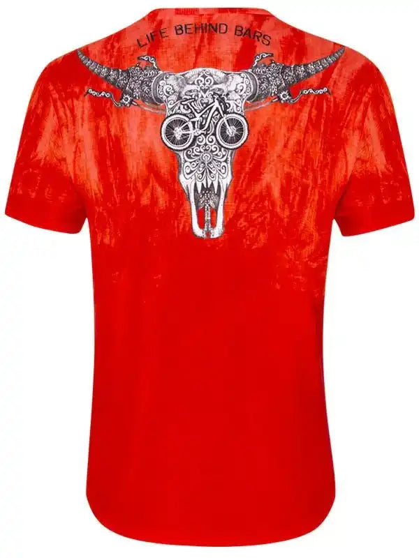 Red cycling t-shirt with bull skull and bike graphic, 'Life Behind Bars' text
