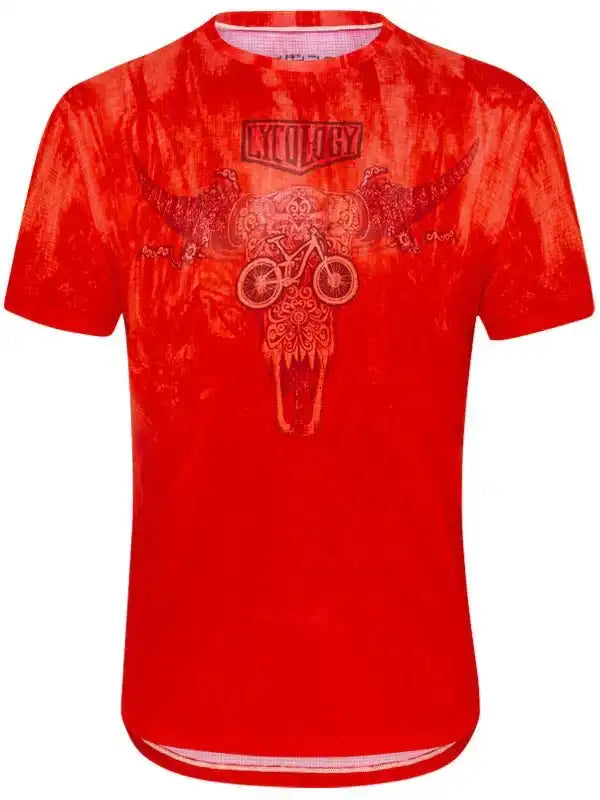 Red men's cycling jersey with bull skull and bike graphic, bold design for mountain biking