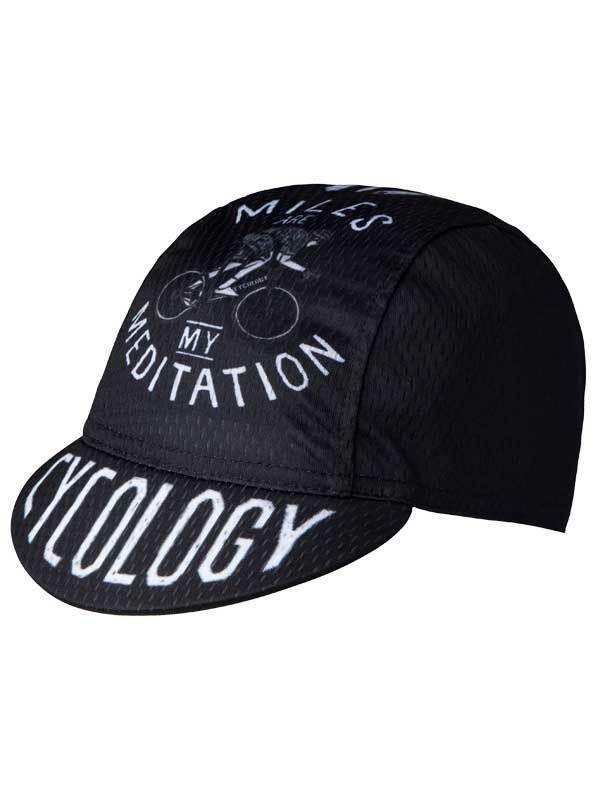 Black cycling cap with 'Miles Are My Meditation' and 'Cycology' text, ideal for bike rides and cycling gear.
