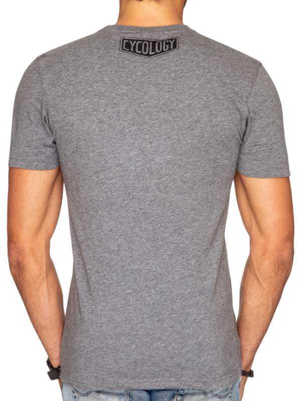 Grey men's cycling t-shirt with Cycology logo on back, ideal for bike rides and active wear.