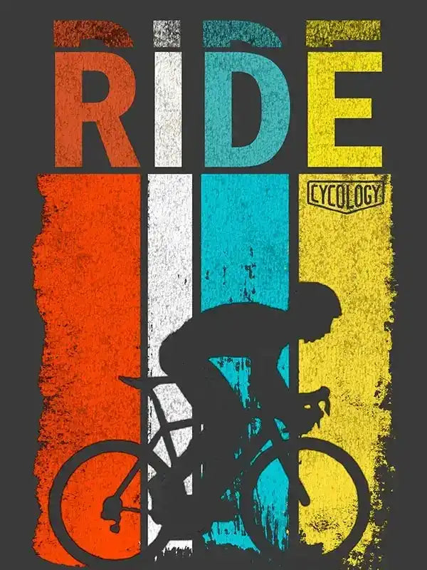 RIDE graphic t-shirt with cyclist silhouette and colorful stripes, cycling apparel design