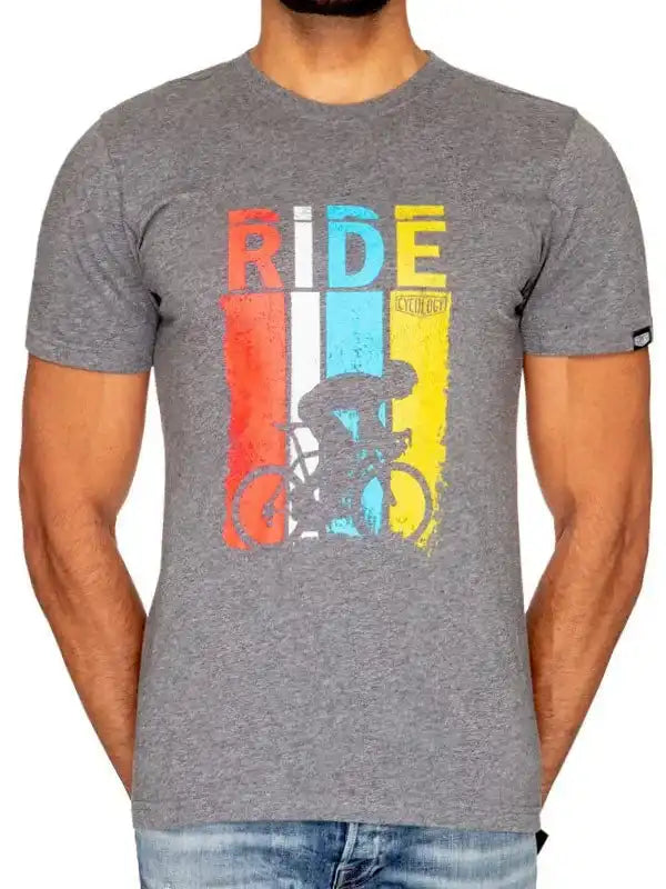 Men's grey cycling t-shirt with colorful 'RIDE' graphic and cyclist silhouette, ideal for bike rides