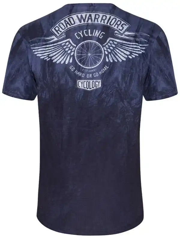 Men's navy cycling t-shirt with 'Road Warriors' graphic, wings, and bike wheel design