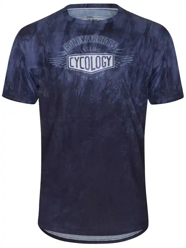 Men's navy cycling jersey with 'Cycology Road Warriors' graphic, breathable fabric for bike rides