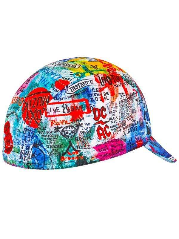 Colorful rock music print cycling cap with band logos and graffiti-style design