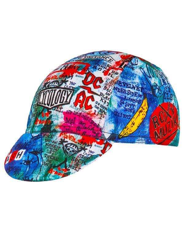 Colorful cycling cap with graffiti-style graphics, banana print, and bold text for men's and women's bike rides