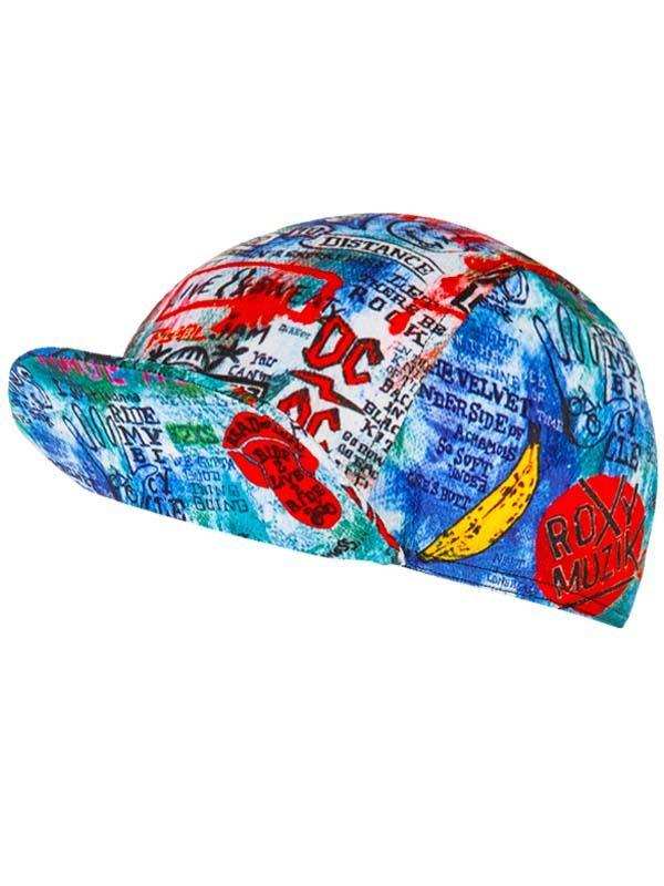 Colorful cycling cap with music band graphics and bold text design for men and women riders