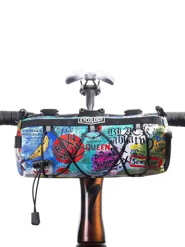 Colorful graffiti-style bike frame bag with bold graphics, perfect for cycling adventures