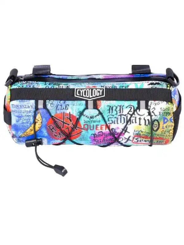 Colorful graffiti-style cycling frame bag with rock band graphics and adjustable straps
