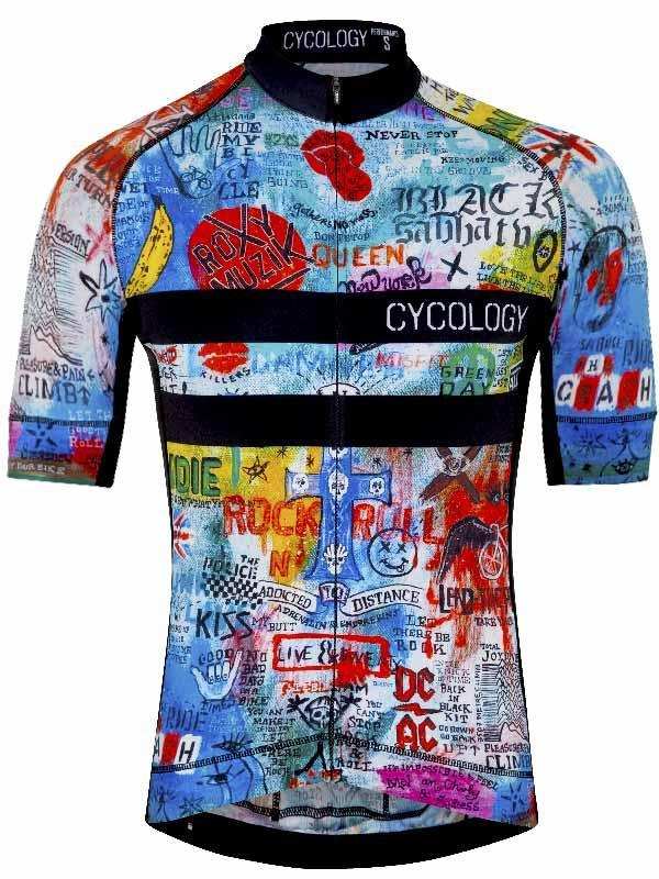 Men's cycling jersey with rock band graphics and bold text design for road biking