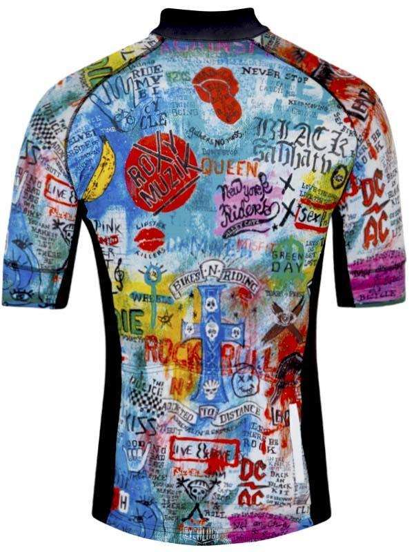 Men's rock band print cycling jersey with colorful graffiti-style graphics and short sleeves