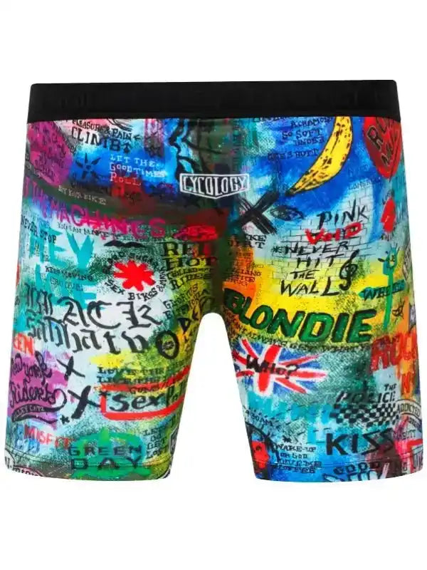 Colorful graffiti-print cycling shorts with band names and punk rock graphics, black waistband