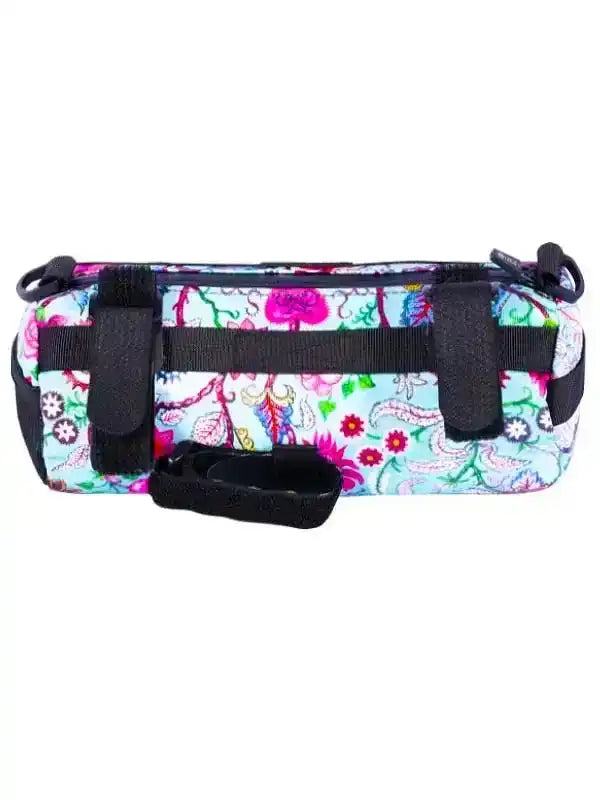Floral patterned cycling frame bag with black straps for bike storage