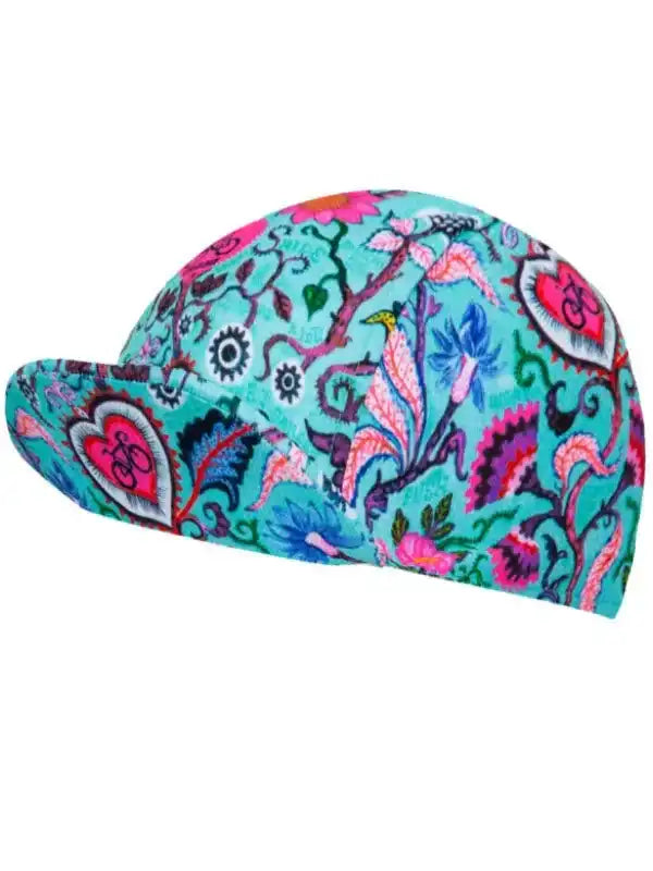 Colorful floral cycling cap with heart and bike motifs, ideal for men's and women's bike rides