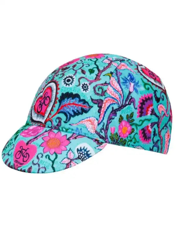Colorful floral cycling cap with bike motifs, perfect for women's bike rides