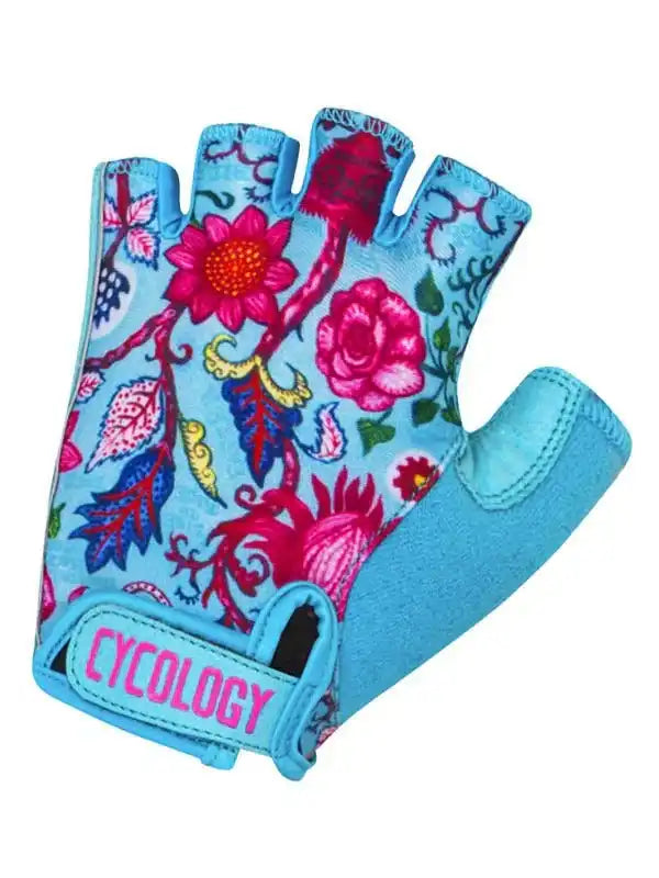 Cycology women's cycling glove with vibrant floral print on blue fabric, fingerless design for comfort