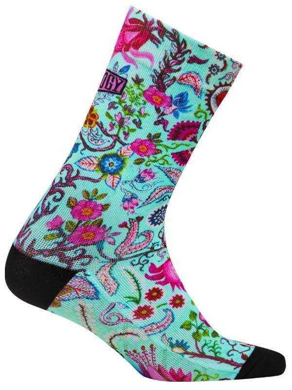 Colorful floral cycling sock with turquoise base and black toe/heel, ideal for men's and women's bike rides.