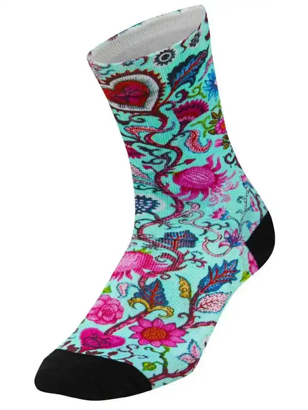 Colorful floral cycling socks with black toe and heel, vibrant pattern for men and women