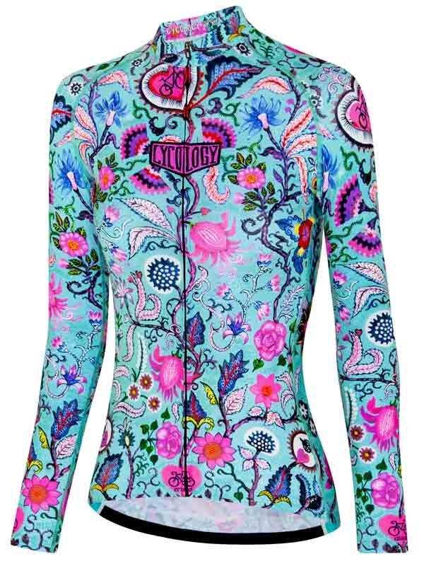 Women's long sleeve cycling jersey with vibrant floral and paisley print, full zip front, high collar