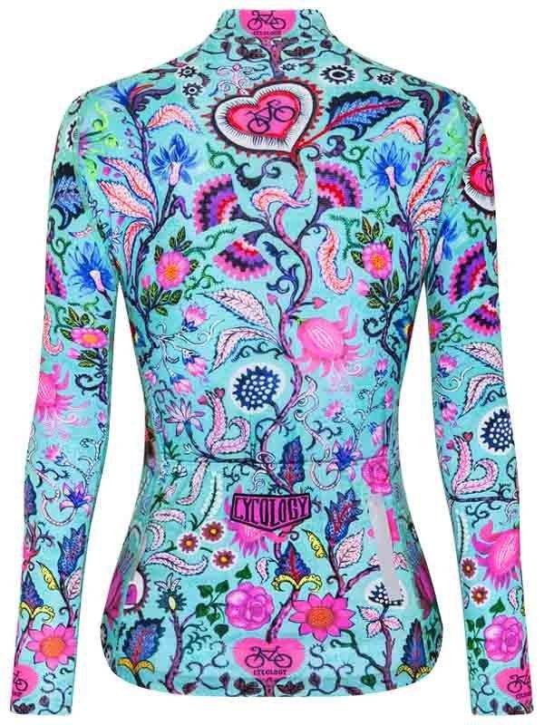 Women's long sleeve cycling jersey with vibrant floral and heart pattern, ideal for road biking