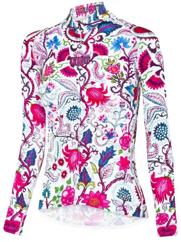 Women's floral cycling jersey with vibrant pink, blue, and green botanical print on white base