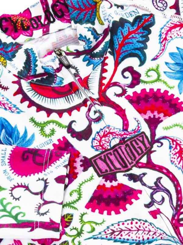 Vibrant floral and gear print cycling jersey with zipper detail, bold colors, unique design