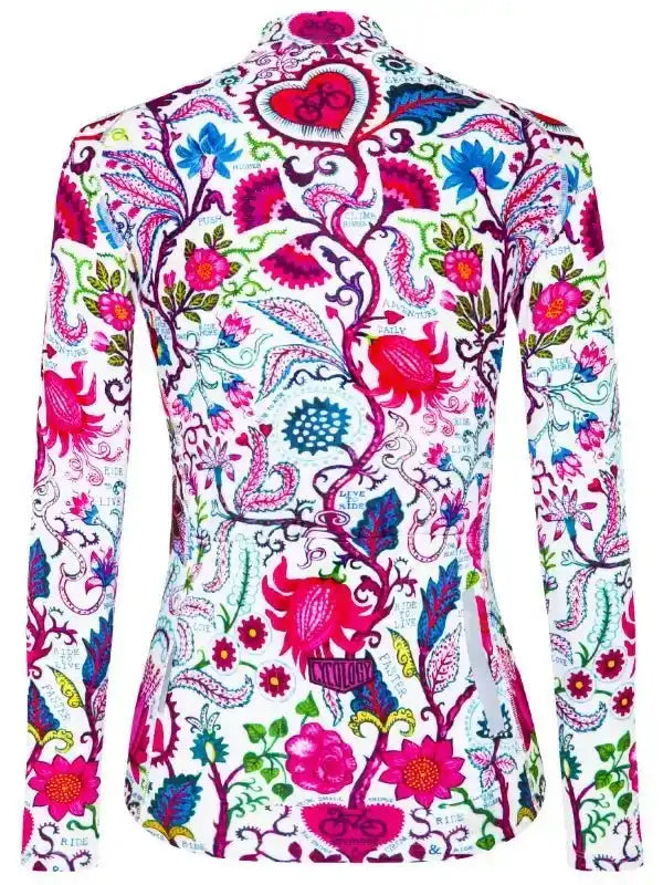 Women's long sleeve cycling jersey with vibrant floral and paisley print, featuring heart and bike motifs