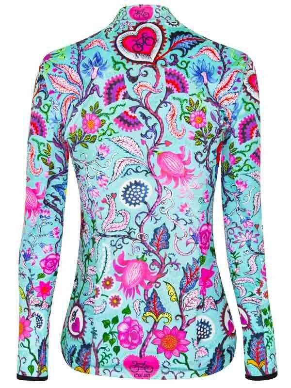 Women's long sleeve cycling jersey with vibrant floral and paisley print, ideal for road biking