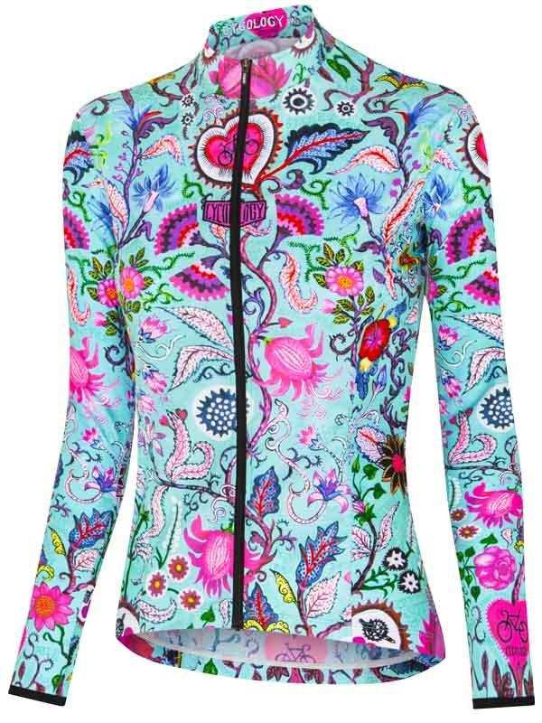 Women's cycling jersey with vibrant floral and heart pattern, full zip, long sleeves, lightweight fabric