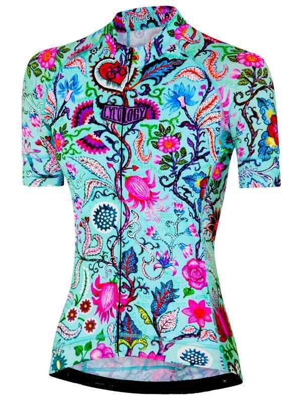 Women's cycling jersey with vibrant floral pattern, short sleeves, and full zip for road biking comfort.